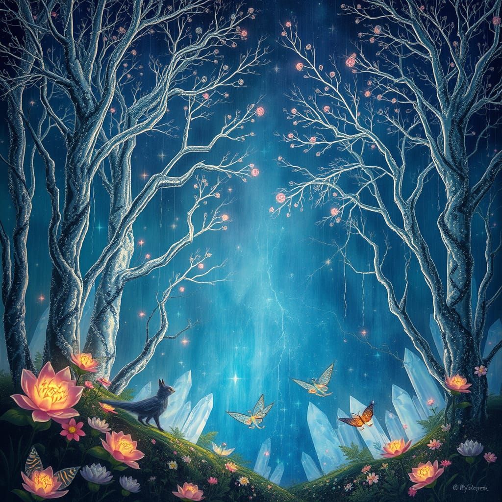 Mystical Crystal Forest in Enchanted Dreamlike Landscape