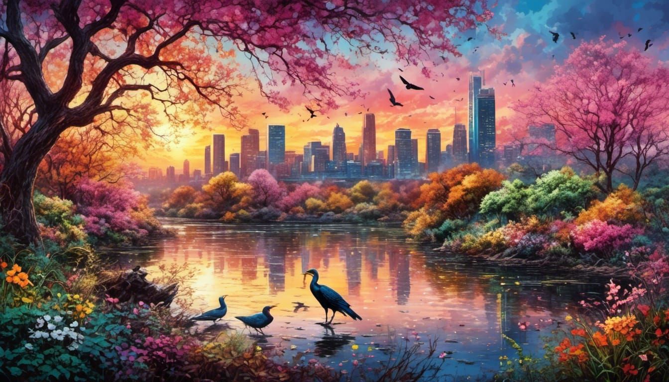 Spring Cityscape in Watercolor Style