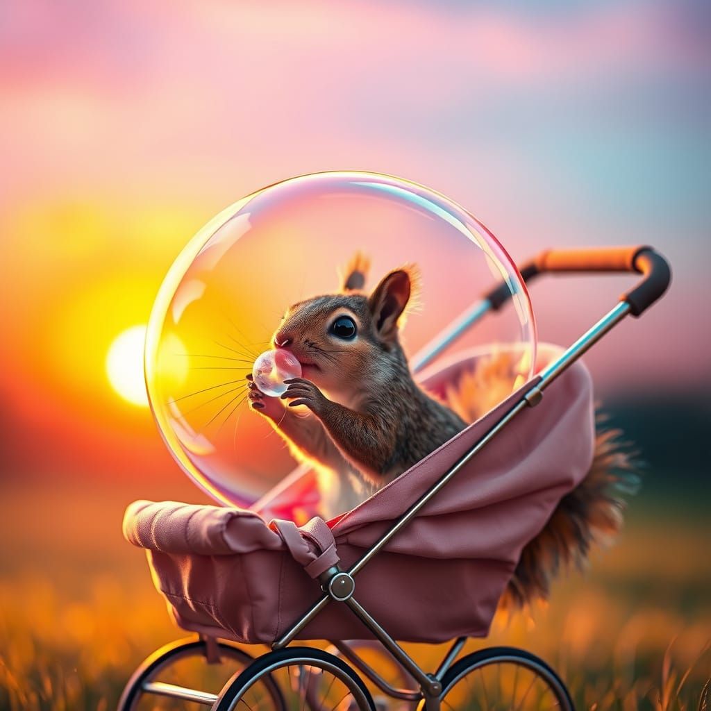 Cute Squirrel Blows Pastel Bubble at Sunrise in Hyperrealist...