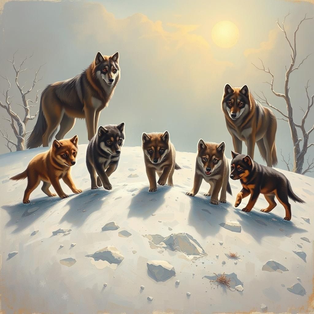 Wolf Pups Frolic on Snowy Hill in Dreamlike Scene