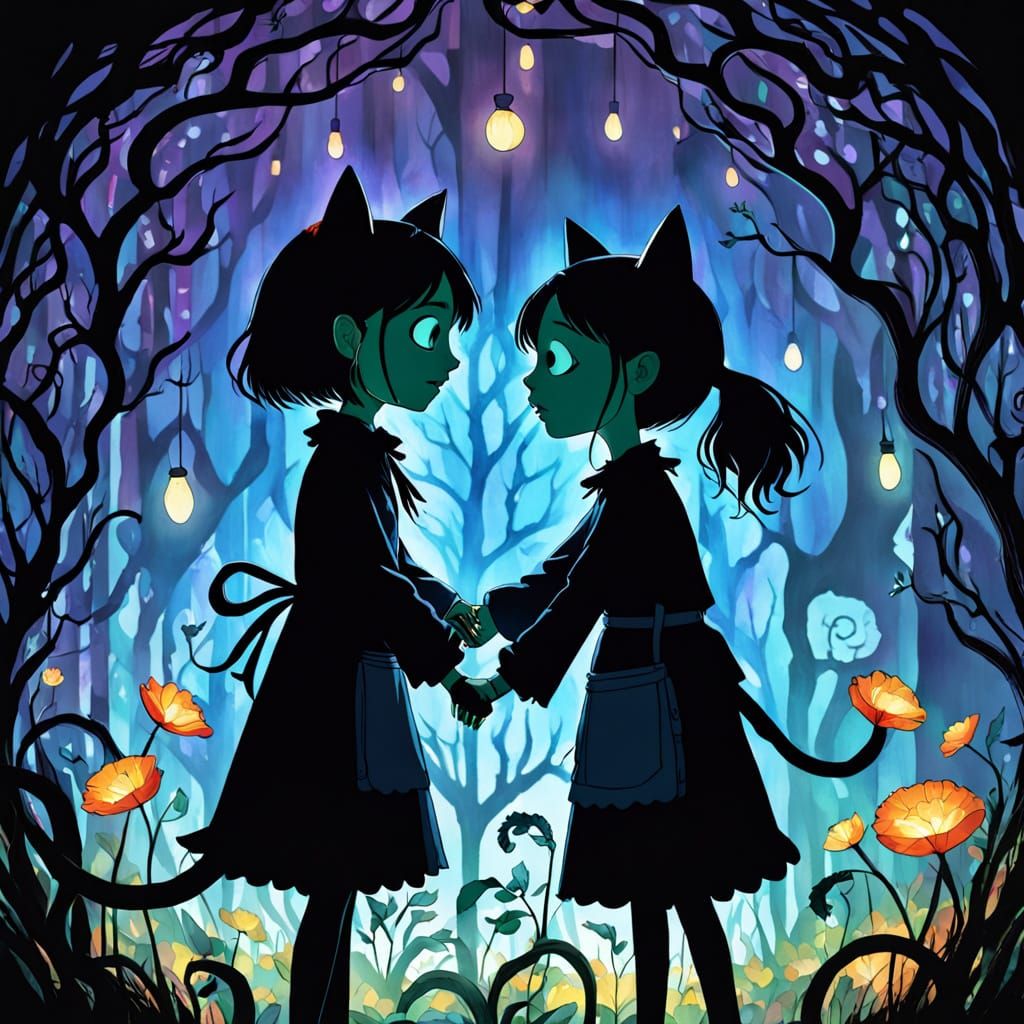 A cat-shaped shadow embraces two girls who are hugging in a dance of light within darkness, featuring intricate details,...