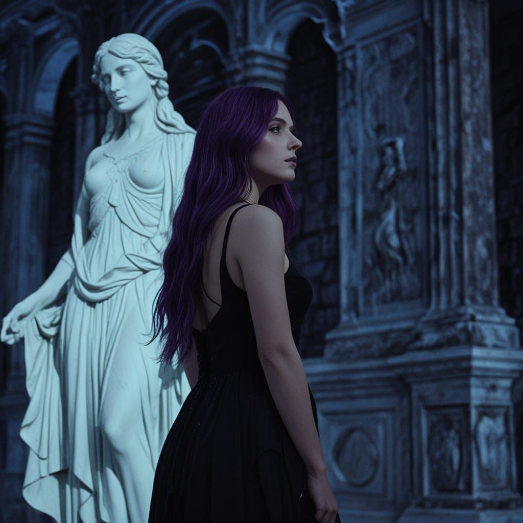 Gothic Woman with Purple Hair and Moonlit Aurora