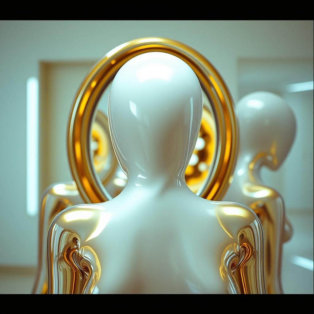 Chrome Woman Reflecting in Mirror, Cinematic Still