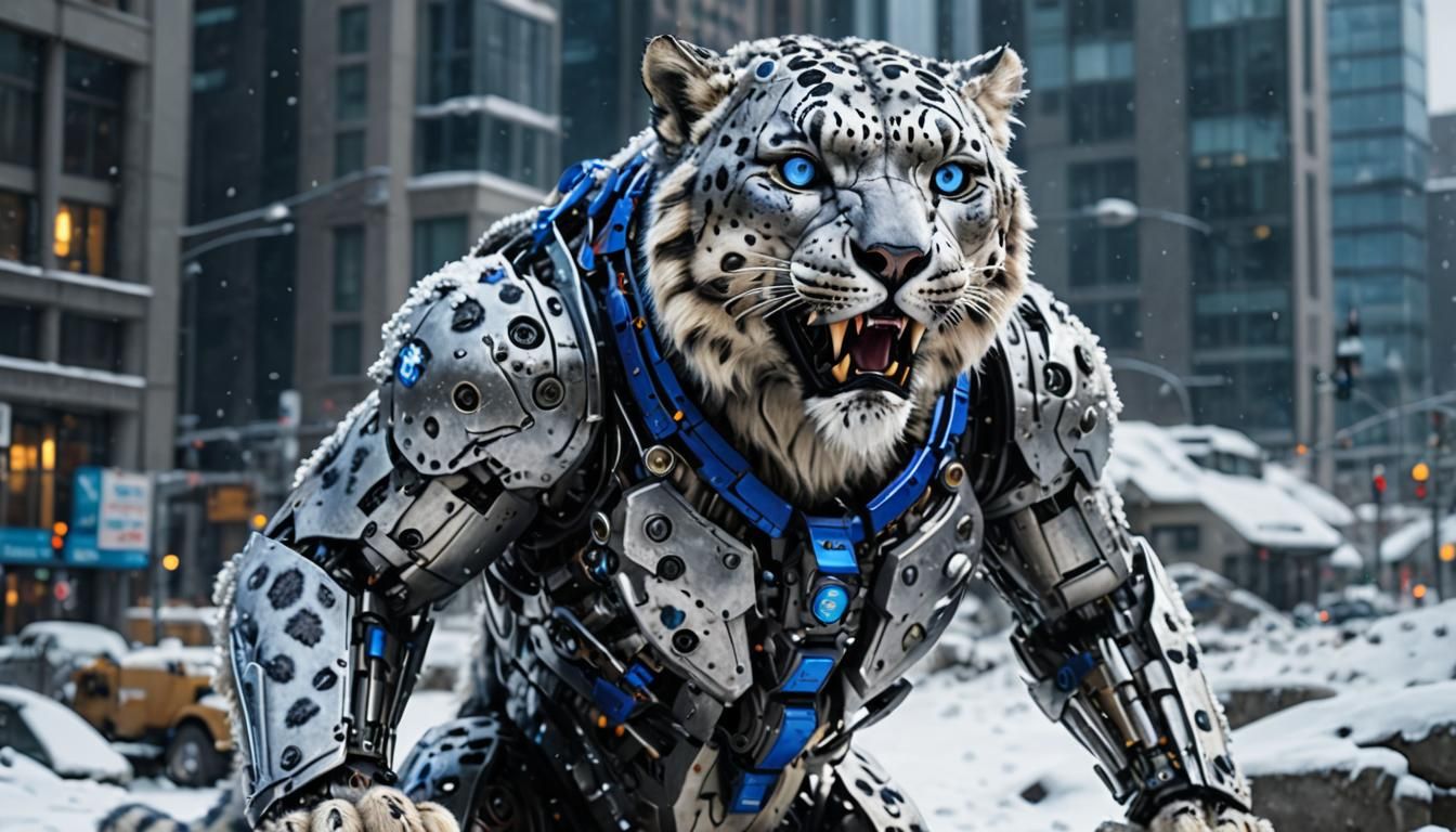 Angry Snow Leopard Cyborg Roaring Near Skyscraper