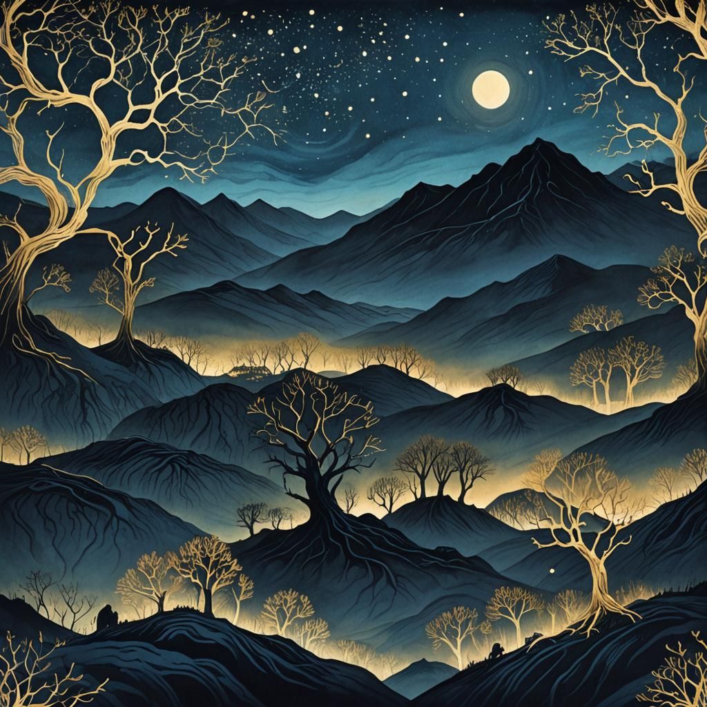 Eerie Dark Fantasy Landscape with Glowing Constellations