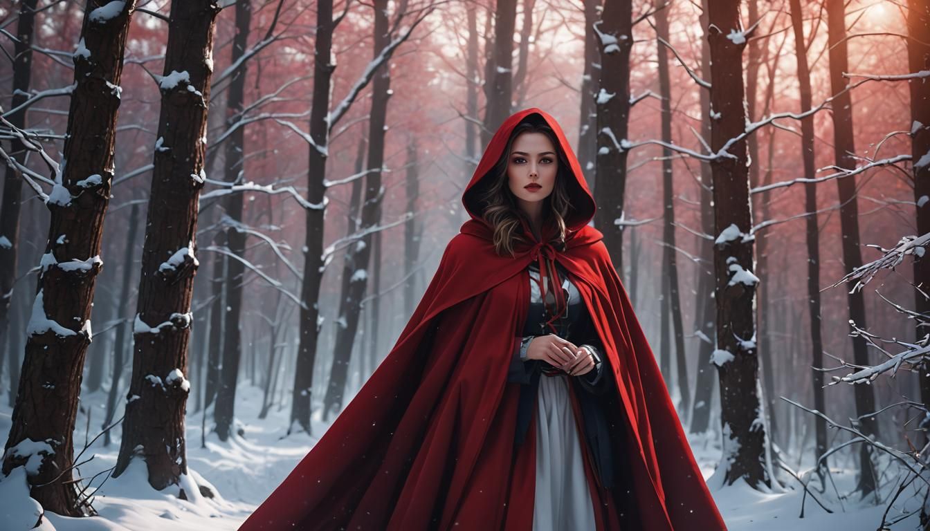 Red Riding Hood in Snowy Forest: Digital Painting