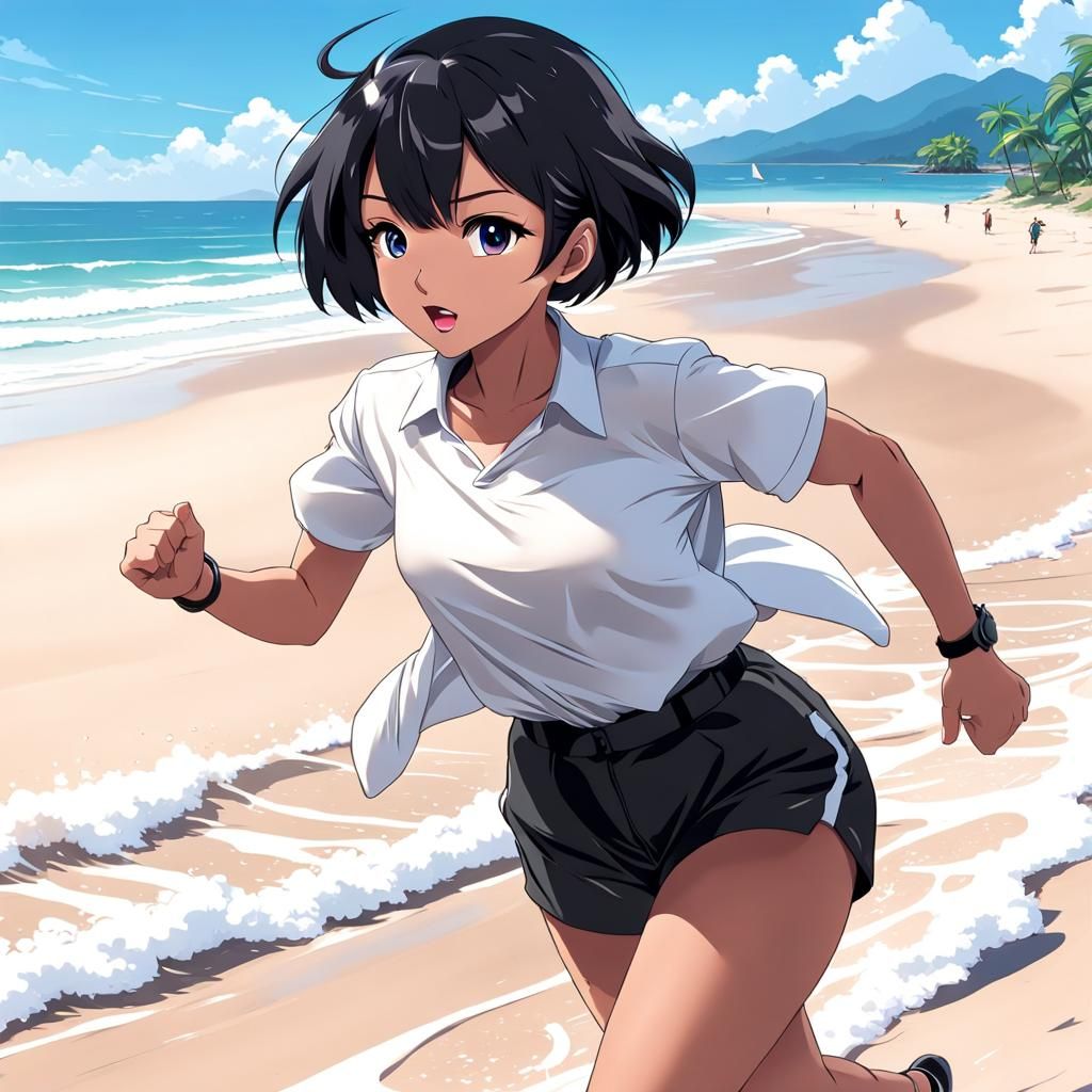 Anime Woman Running on the Beach