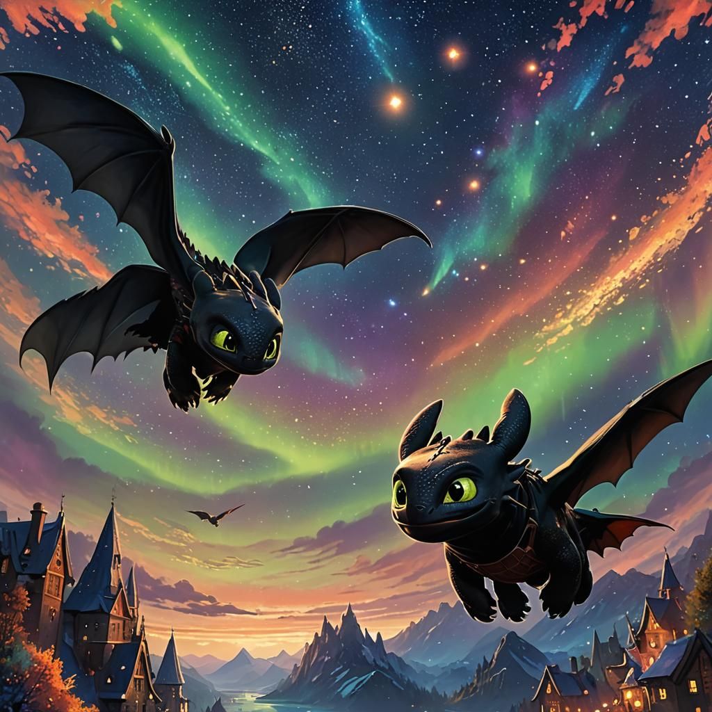 Hiccup and Toothless Flying in the Night Sky