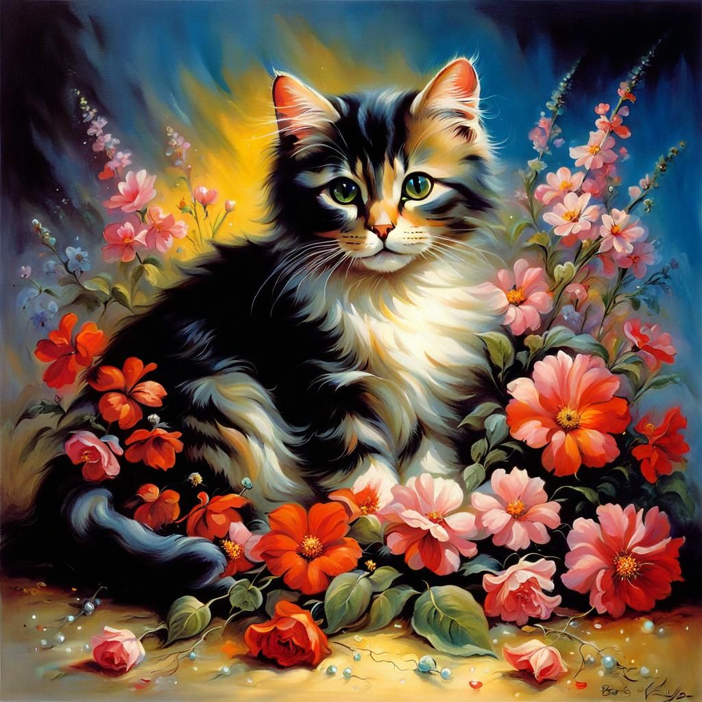 Cute Cat with Flowers in Fantasy Art Style