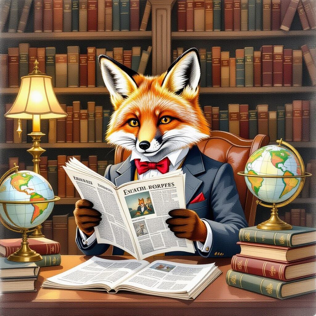 Dapper Fox Reading in Cozy Library, Watercolor Style