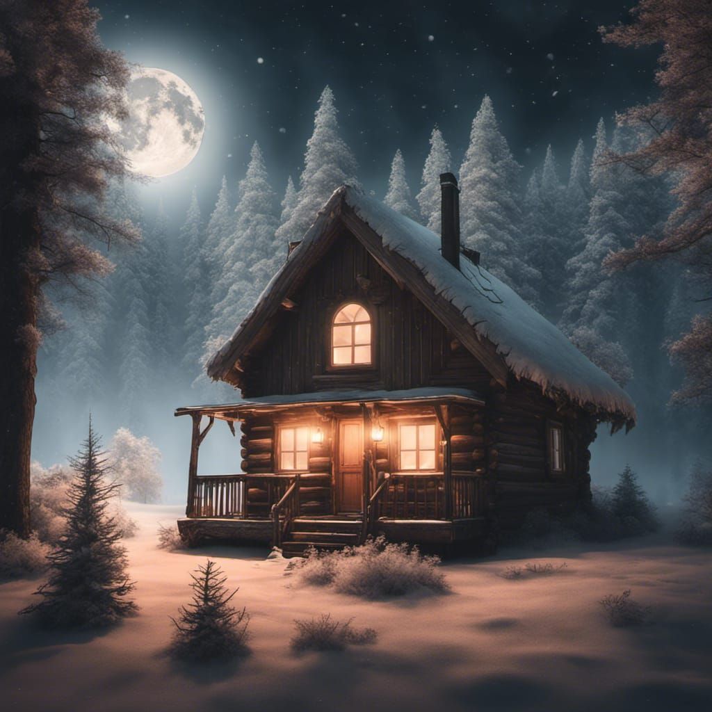 Cozy Cabin in Snowy Woods at Night