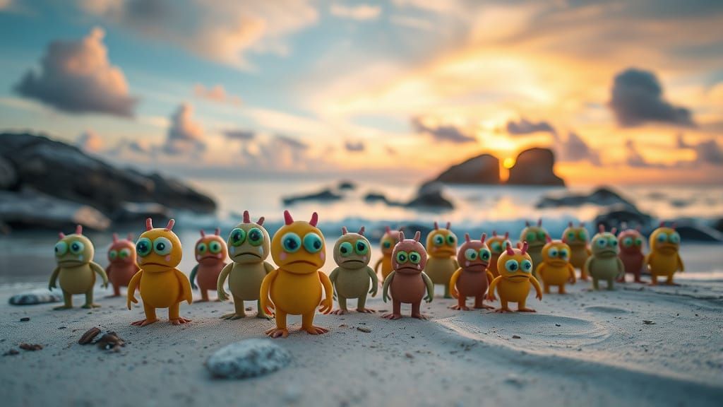 Whimsical Beach Monsters with Green Eyes at Sunset