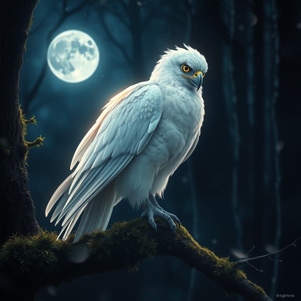 Regal White Falcon in Moonlit Forest