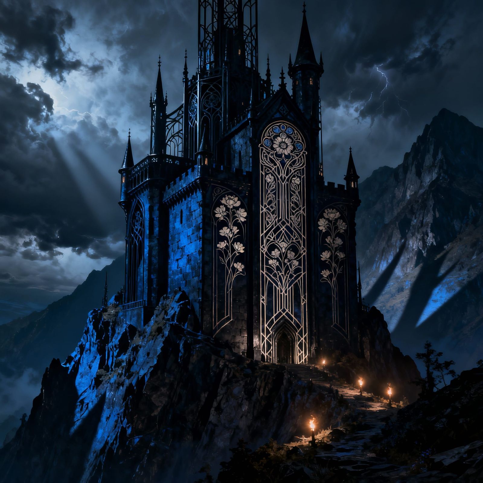 Sinister Castle on Mountain in Art Nouveau Style