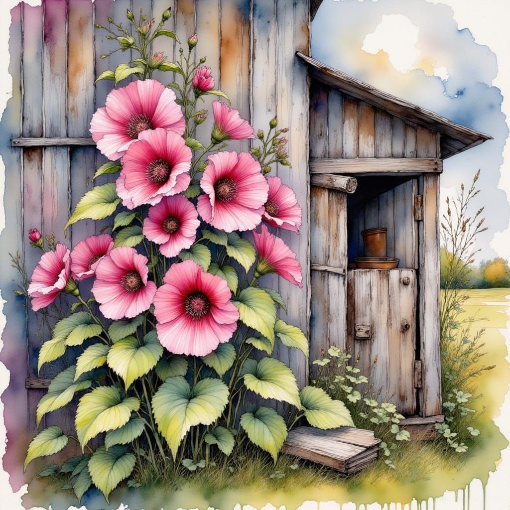 Watercolor Hollyhocks Against Weathered Barnwood