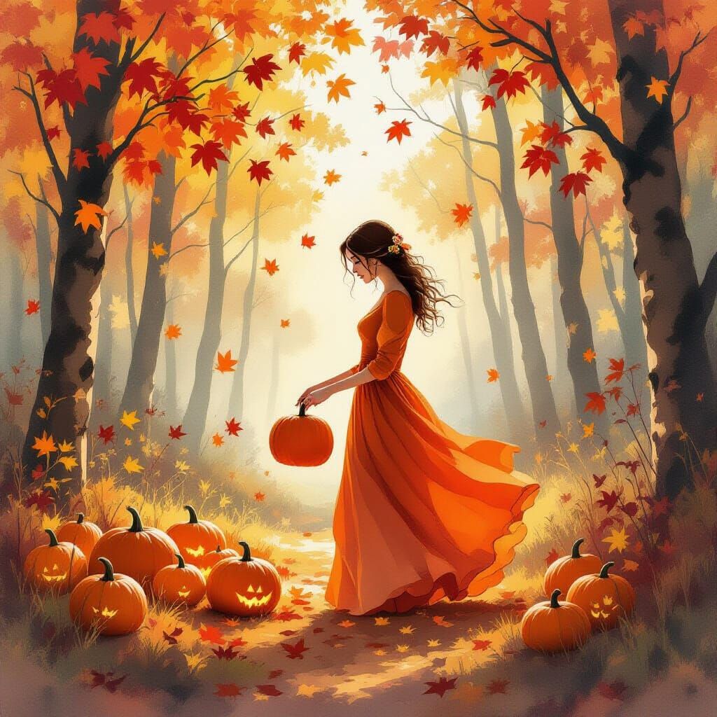 Whimsical Autumn Forest With Glowing Pumpkins