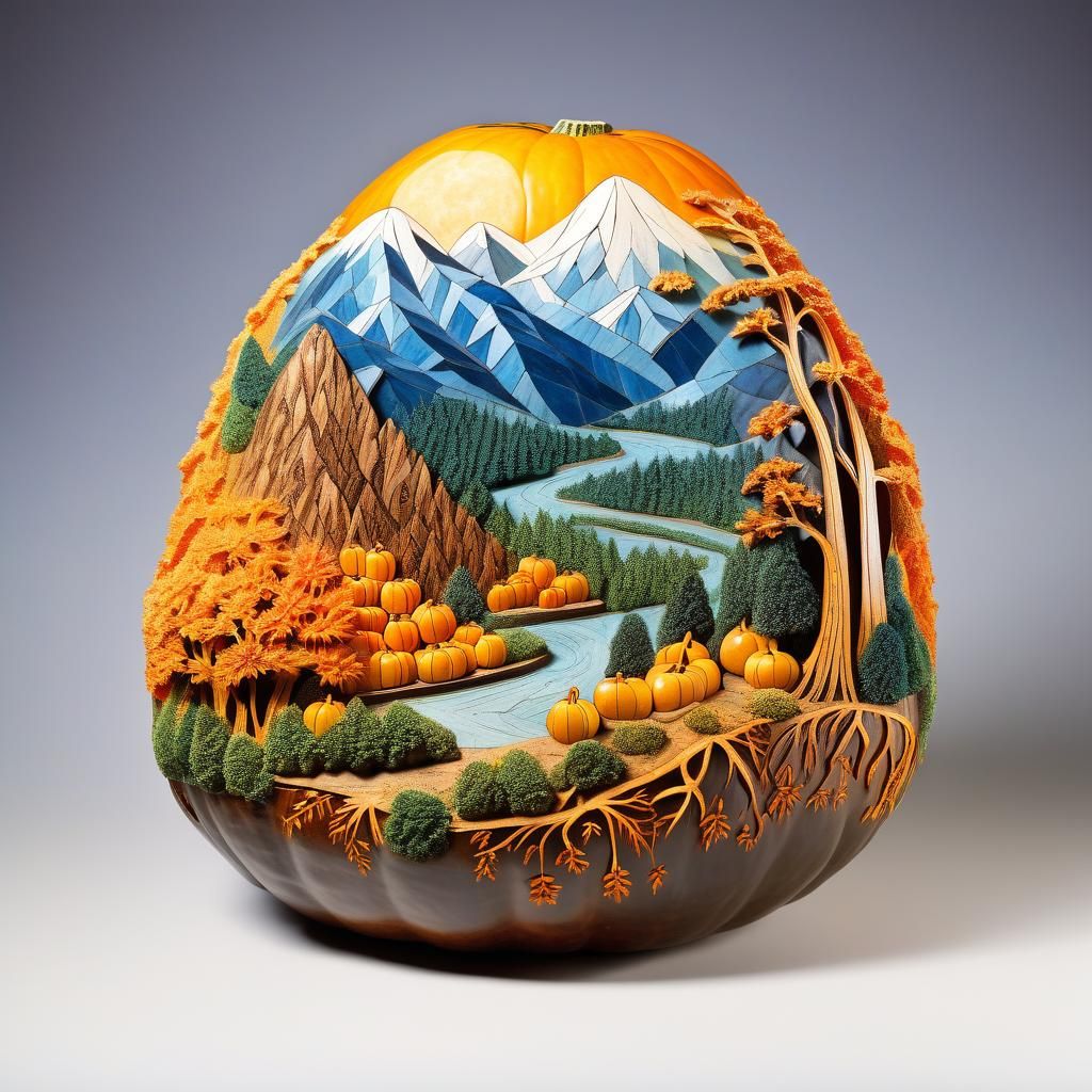 Gourd Carved Mountain Landscape Art