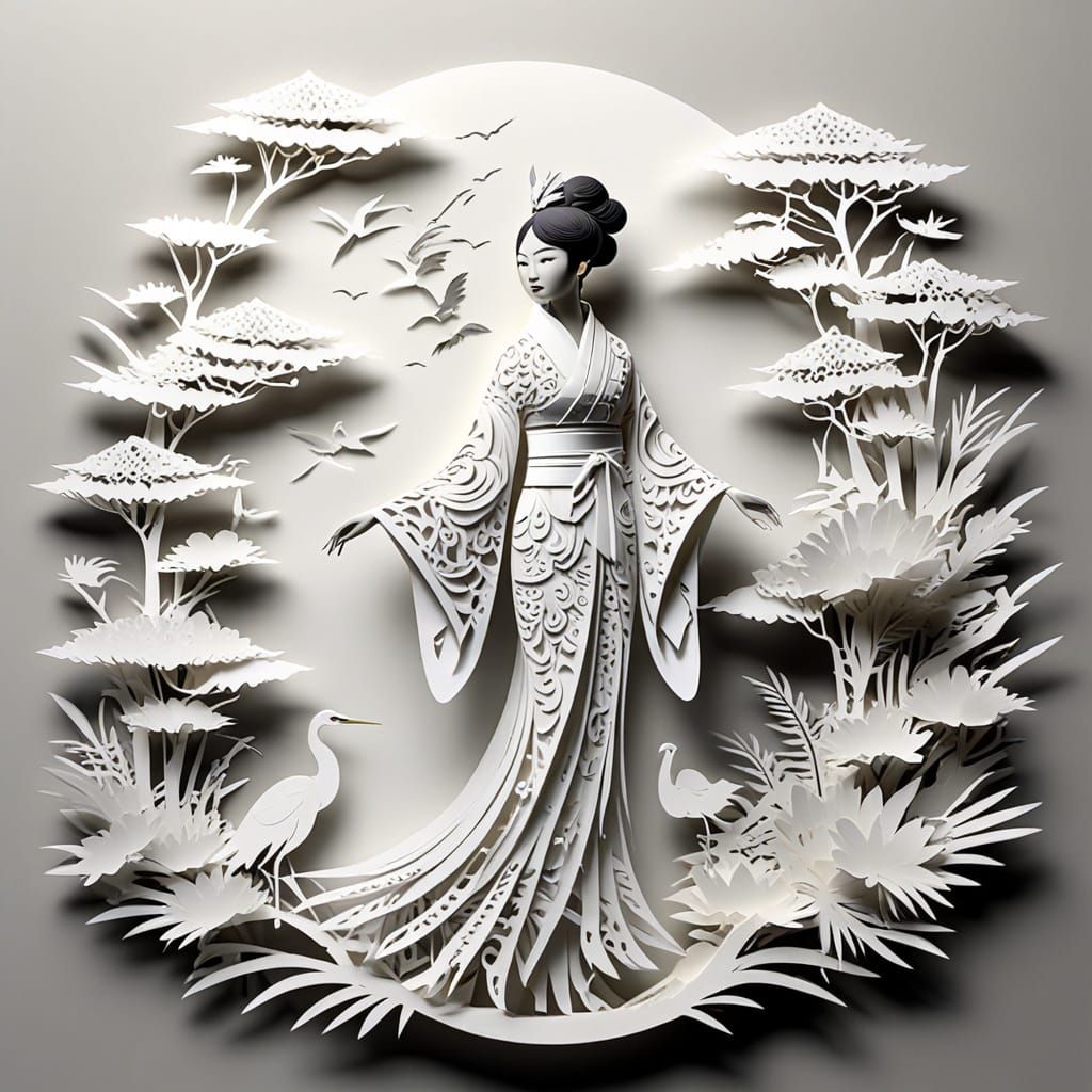 Ethereal Japanese Woman in White Kimono with Crane Silhouett...