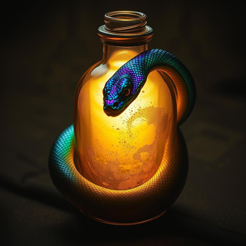 Iridescent Snake in Glass Bottle, Dreamlike Art