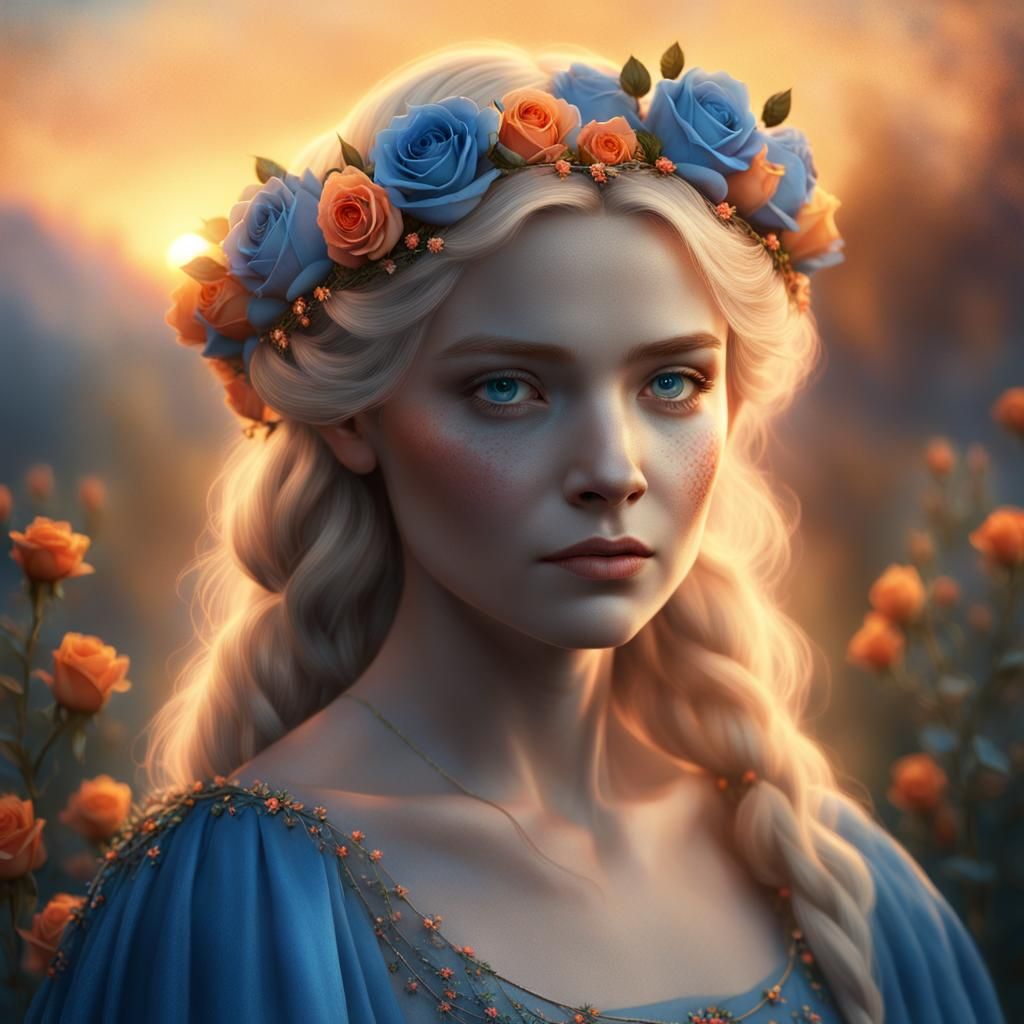 Blond Woman in Glowing Rose Garland: Digital Art