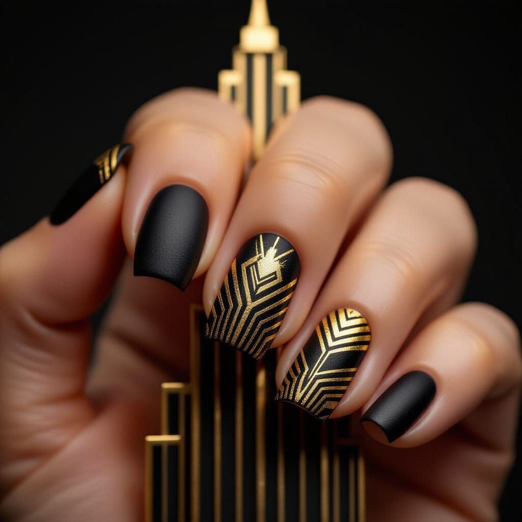 Art Deco Nails With Ascending Gold Lines