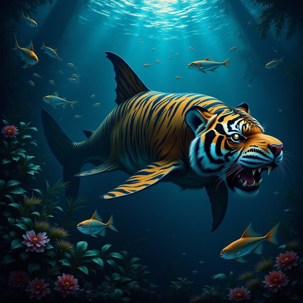 Tiger-Shark Hybrid Swims Deep Ocean Bioluminescent Flora
