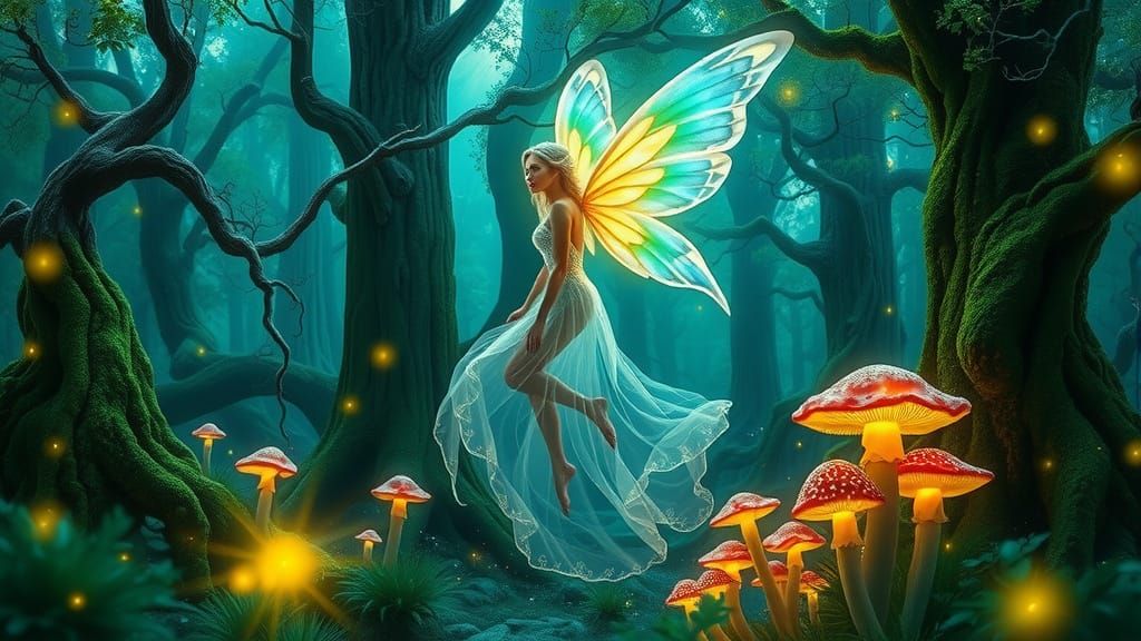 Surreal Fairy Amidst Ethereal Emerald Forest