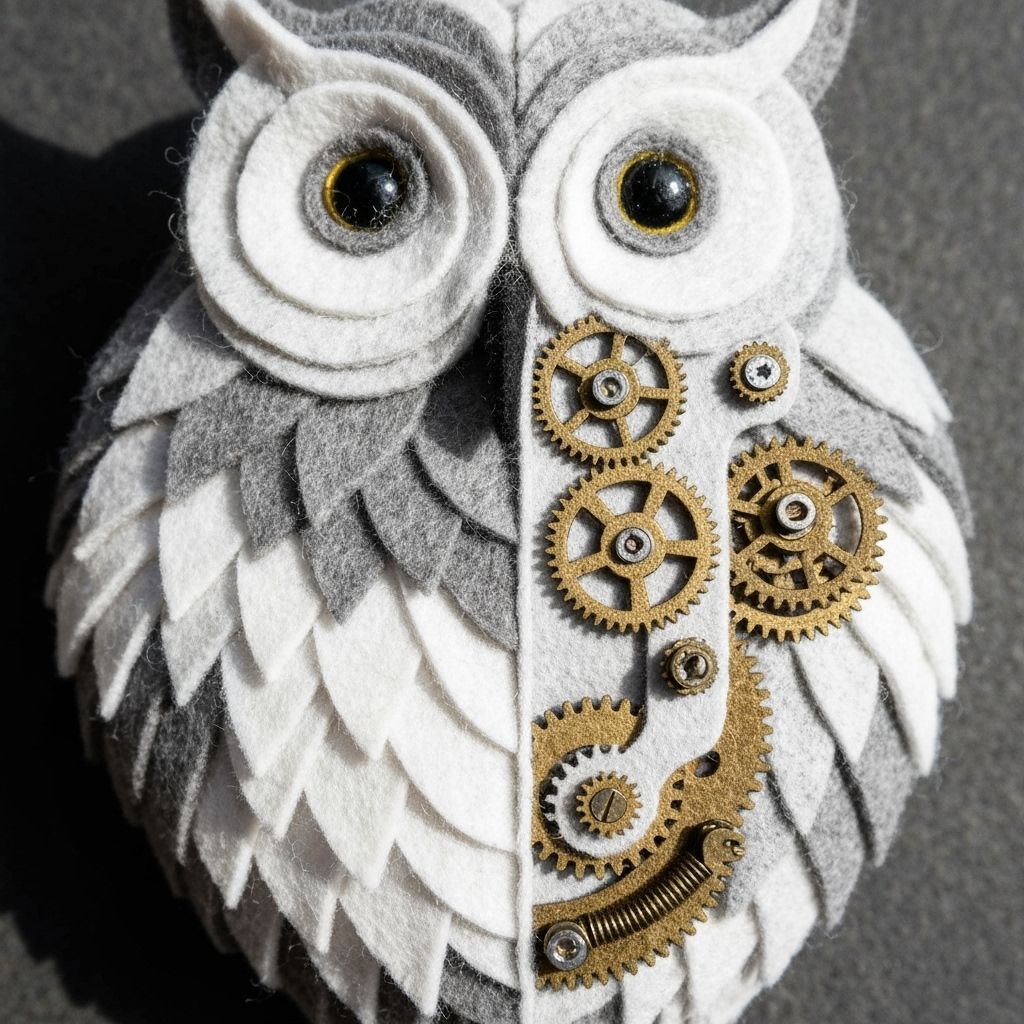 Felt Clockwork Owl in Ultra-Detailed Macro Photography