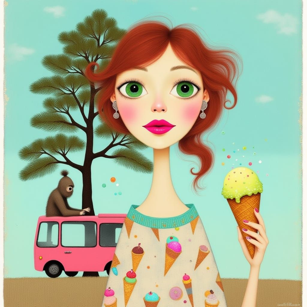 Watercolor Woman with Ice Cream and Sasquatch