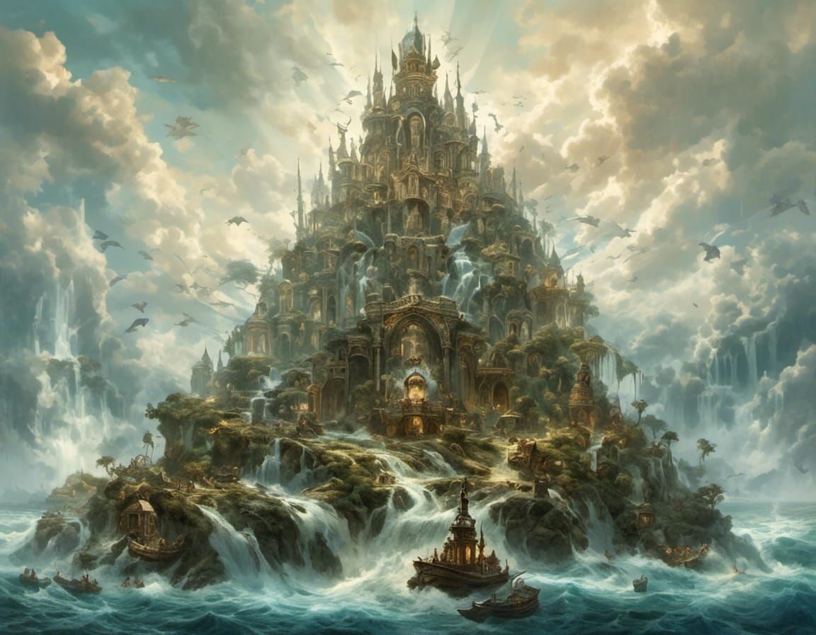 Surreal Sword Tower Above Swirling Waters