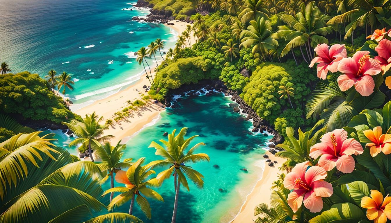 Breathtaking Aerial View of Tropical Hawaii with Vivid Flowe...