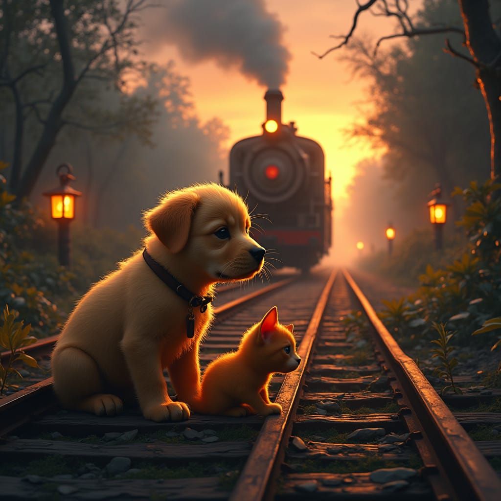 Fantasy Train Tracks Scene with Frightened Puppy and Kitty