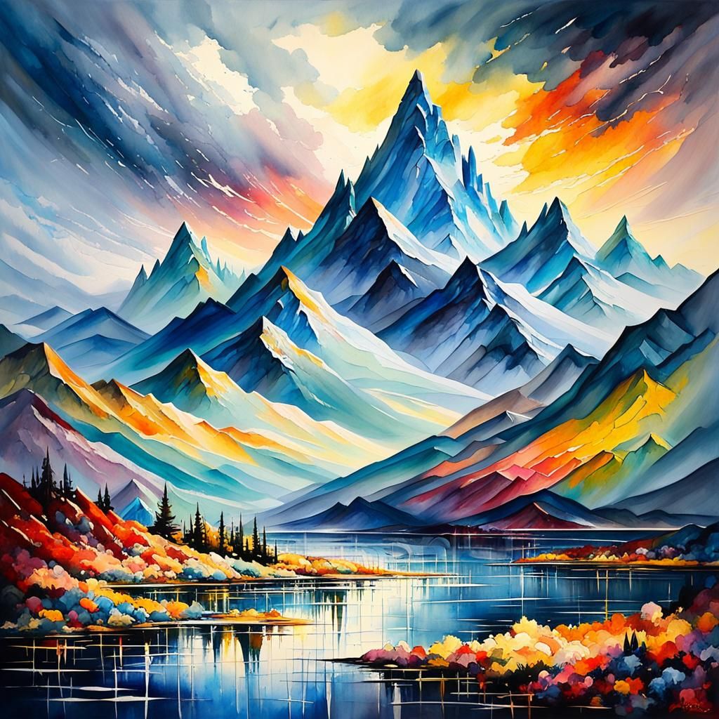 Abstract Mountains Horizon: Oil and Watercolor Painting