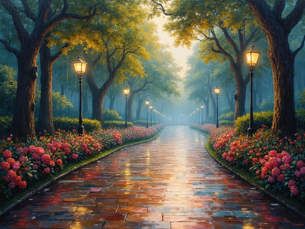 Impressionistic Park Path in Rain, Oil Painting
