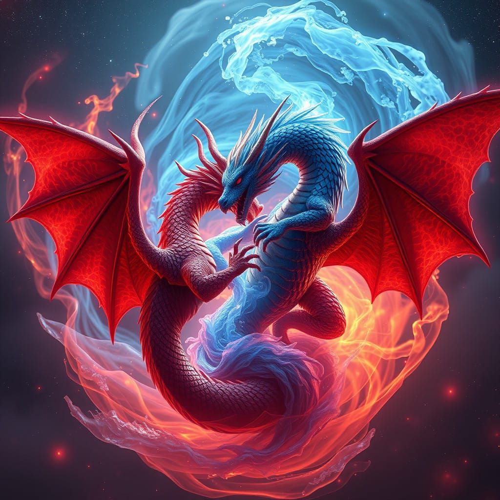 Celestial Scales: Red and Blue Dragons Unite in a Swirling D...