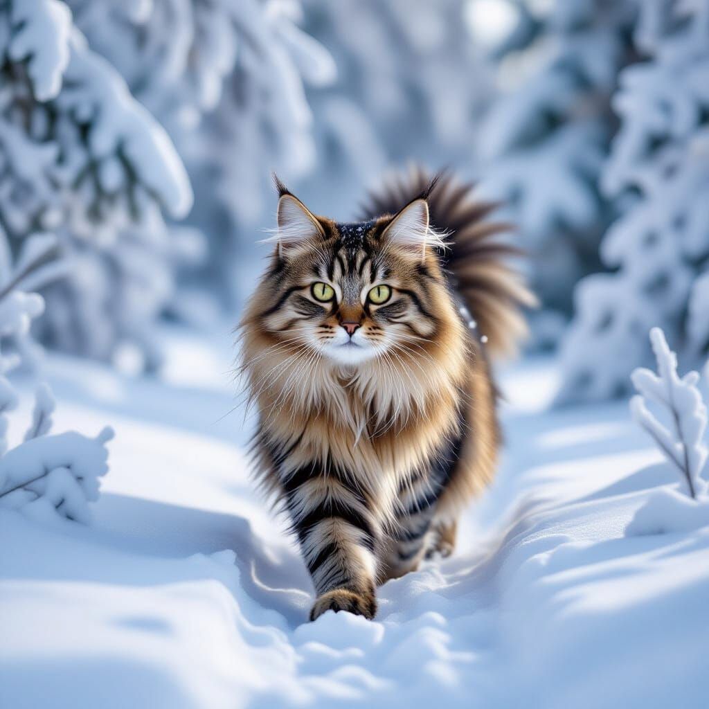 Siberian Cat in Winter Forest, Photorealistic Style