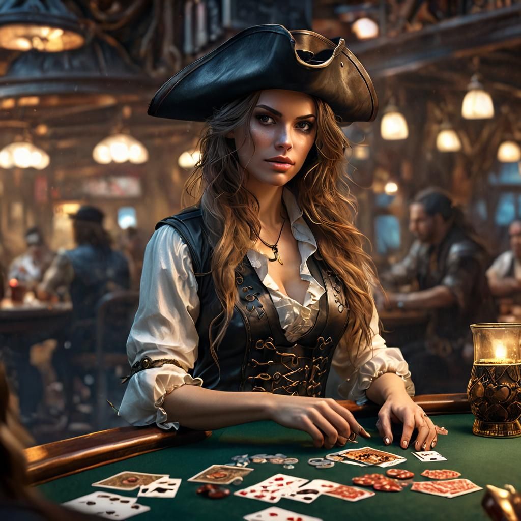 Sensual Pirate Woman Playing Poker in Tavern