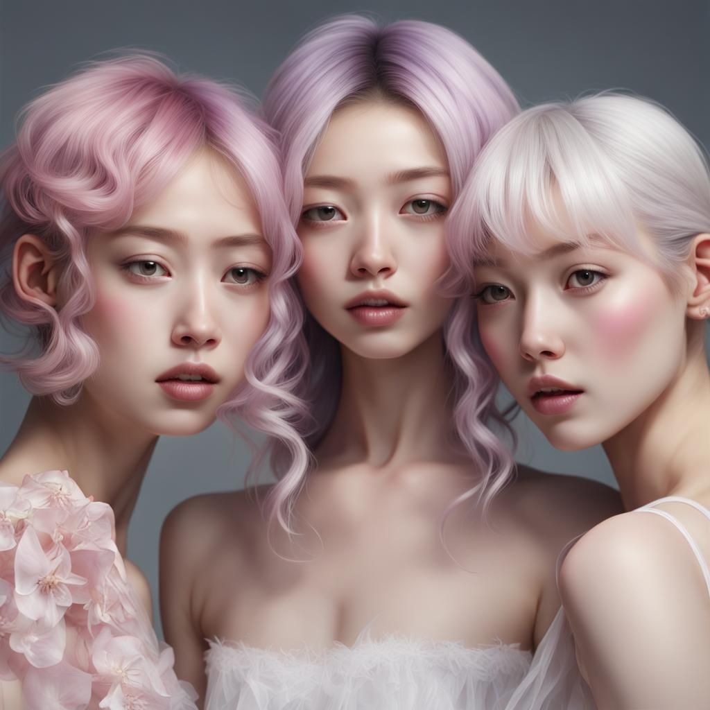 Three Orchid-Haired Women in Fashion Photography Style