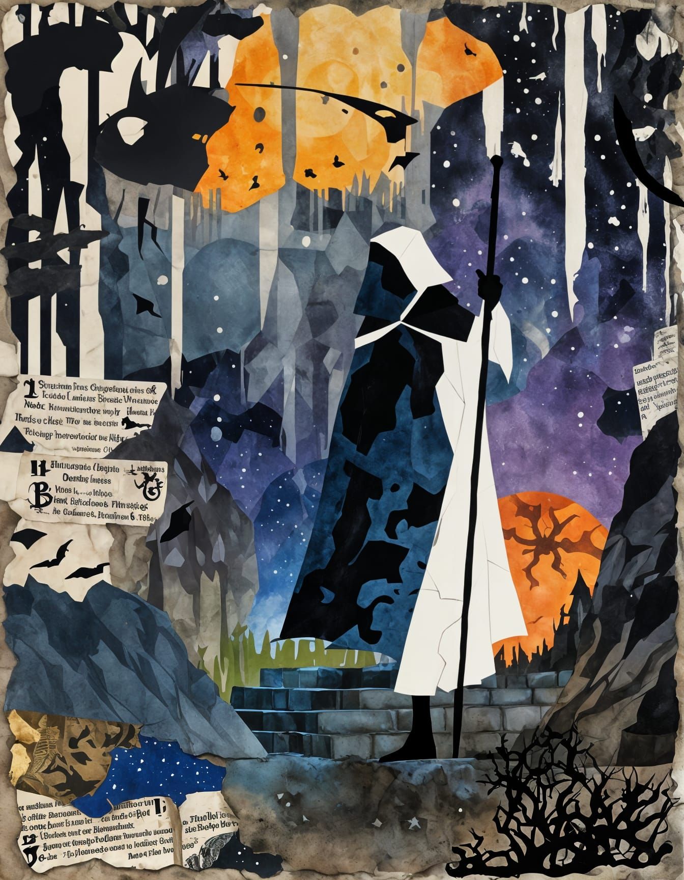 Mystical Wizard Silhouette in Anime Collage Landscape