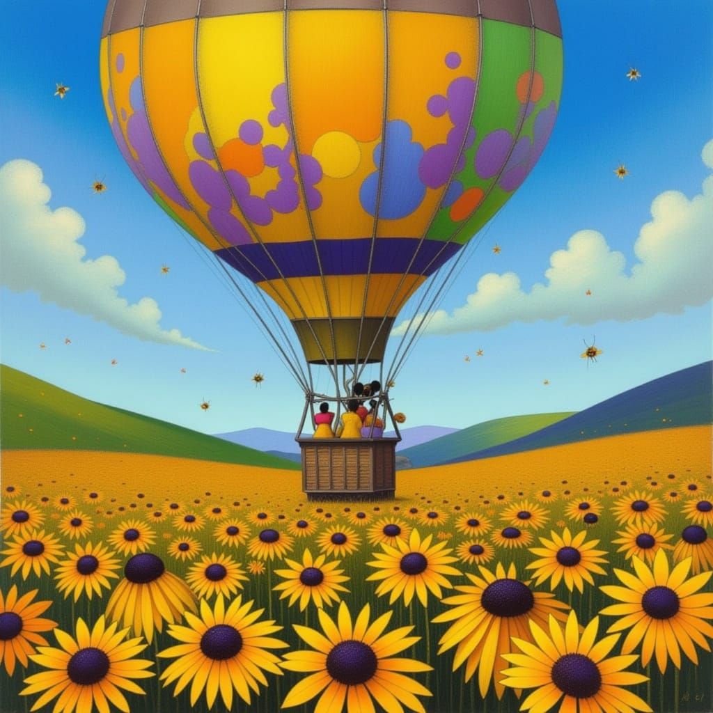 Whimsical Balloon Character over Flower Meadow