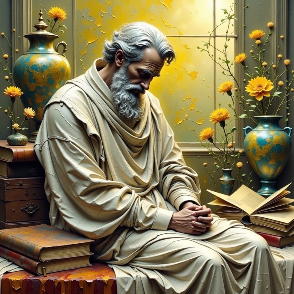 Philosopher Statue in Oil Painting with Garden Backdrop