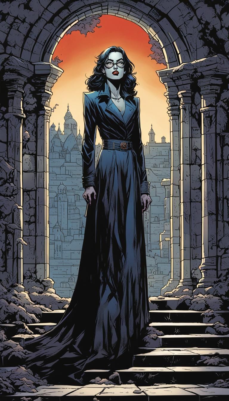 An alluring vampire, provocatively posing on a crypt, bespectacled