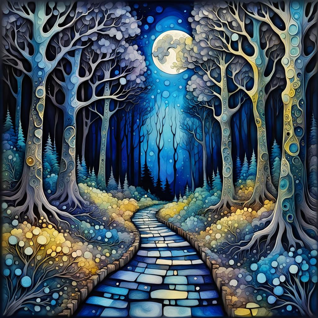 Moonlit Forest Path as Impasto Art