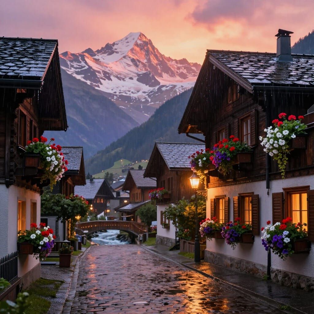 Swiss Village Sunset in Gentle Rain