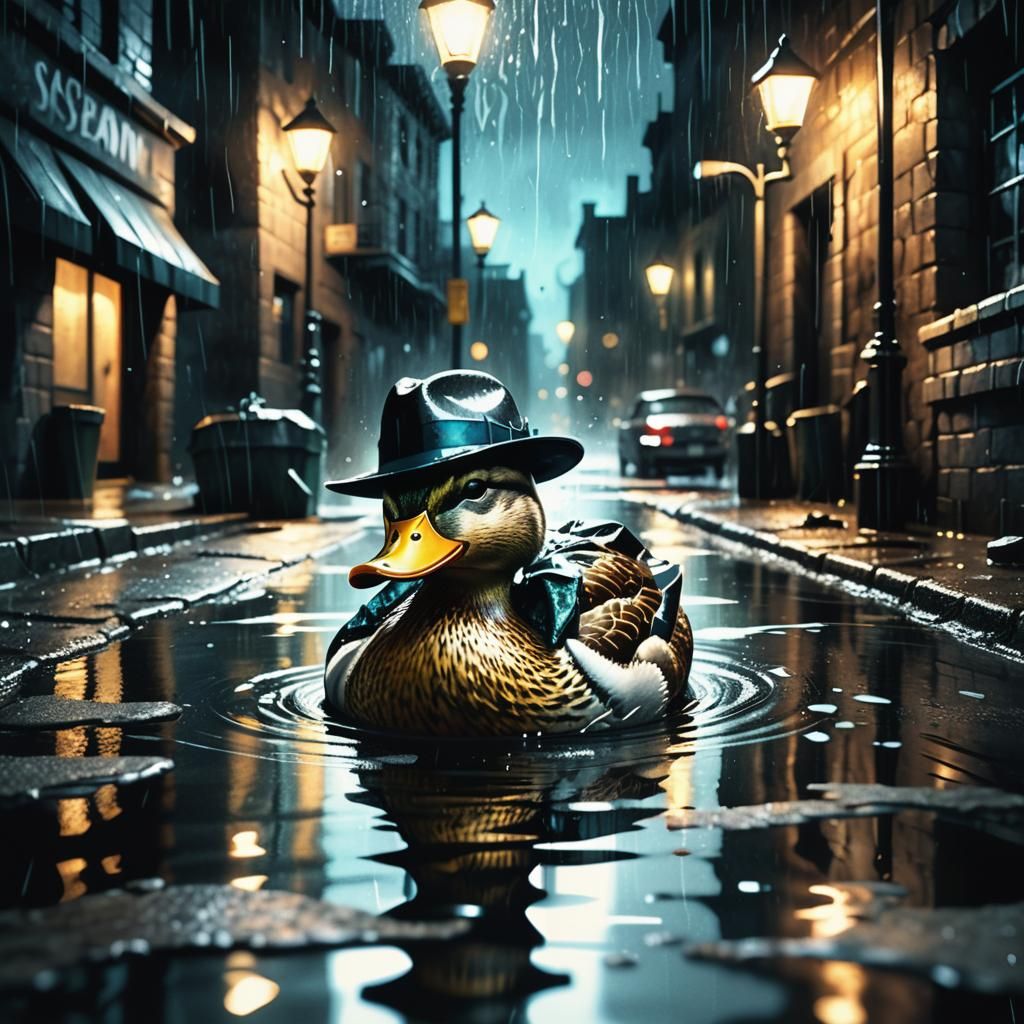 Noir Duck Sinking in Rainy City Sewer