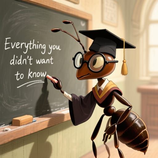 Whimsical Ant Teacher Writes Lesson on Blackboard