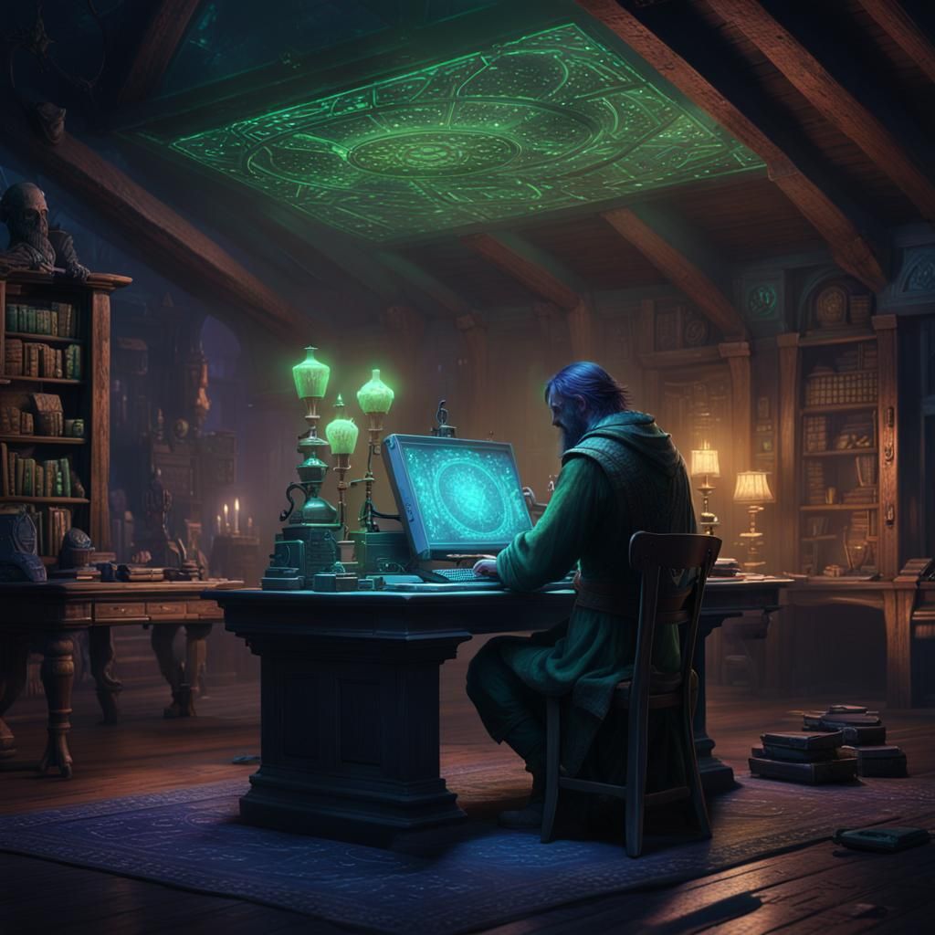 Attentive Fantasy Figure Filling Forms in Dark Room