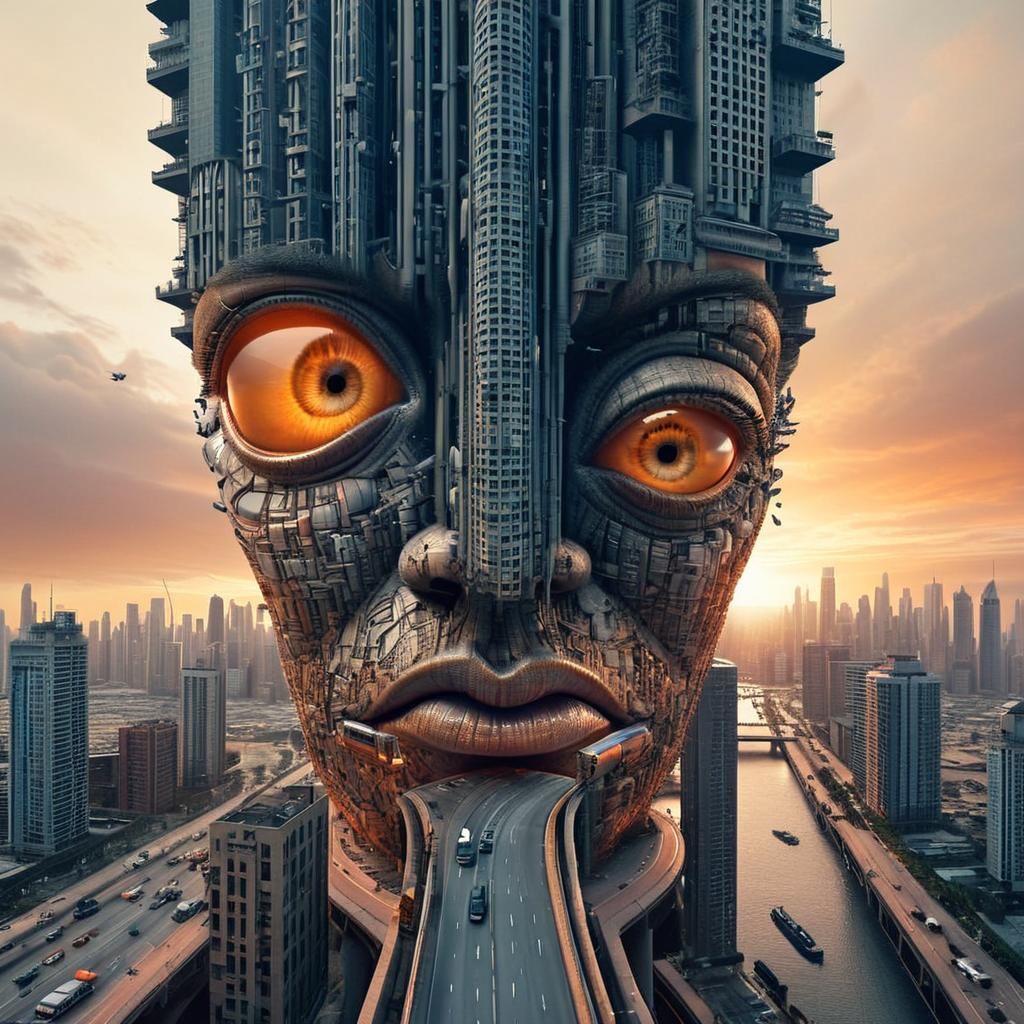 Colossal Cyberpunk Face Made of City Infrastructure