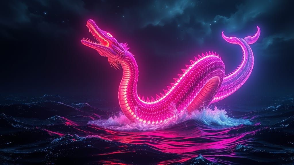 Neon Leviathan Breaching Ocean Surface in Hyperrealism