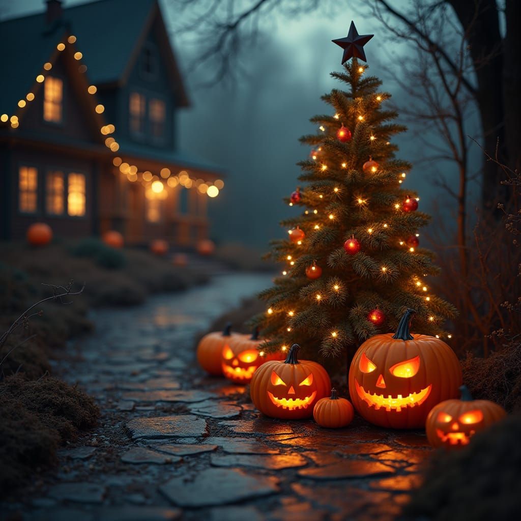 Spooky Halloween Christmas Fusion Scene
